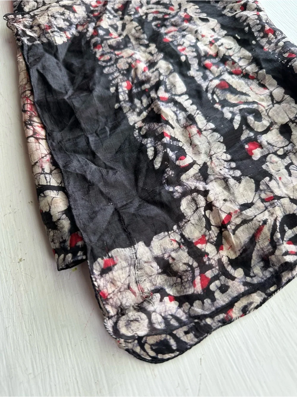 Handwoven Silk Scarf Batik Crackle Print Black Red Boho Indie Sleaze Wrap